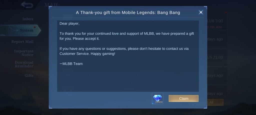 Free Diamonds from community events to purchase skins in Mobile Legends