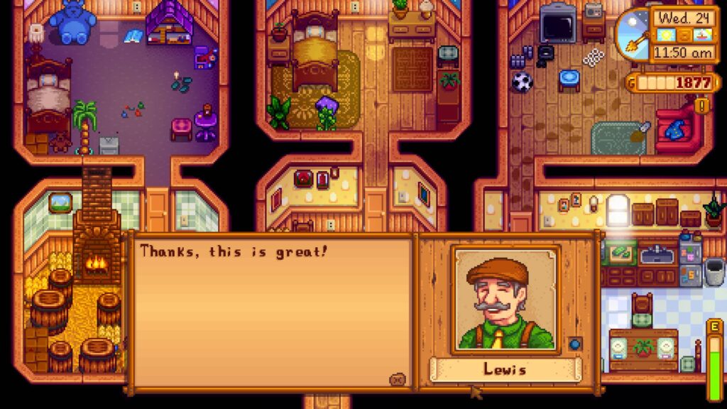 Lewis' reaction after receiving a gift in Stardew Valley. (Screenshot via esports.gg)