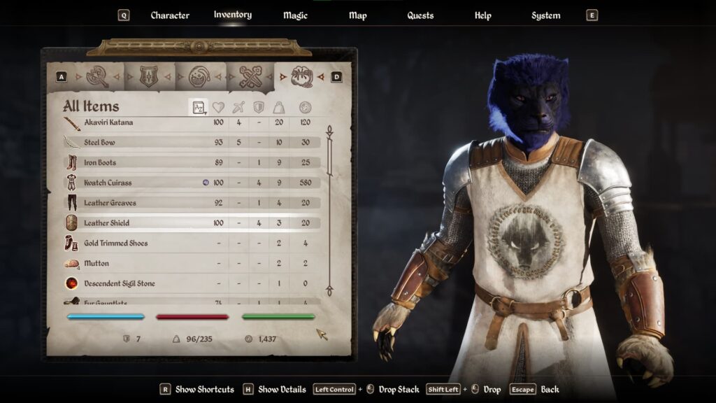 The inventory of a player in Oblivion Remastered, showing carrying weight capacity.