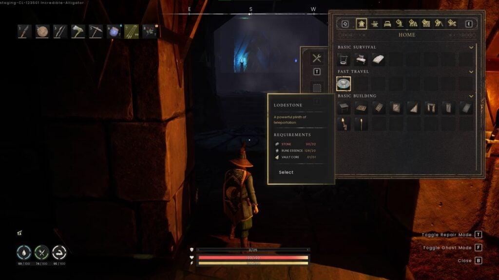 The Lodestone crafting screen in order to fast travel in RuneScape: Dragonwilds.