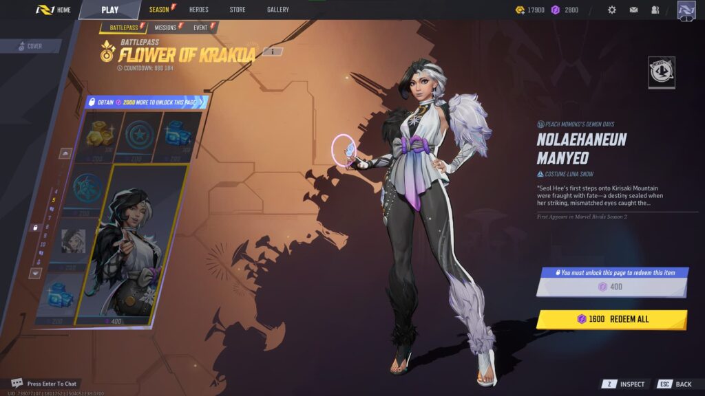 Luna Snow's Nolaehaneun Manyeo - Peach Momoko's Demon Days (Luxury) in the Marvel Rivals Season 2 Battlepass.