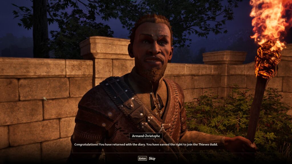 Armand Christophe telling you that you can join the Thieves Guild in Oblivion Remastered.