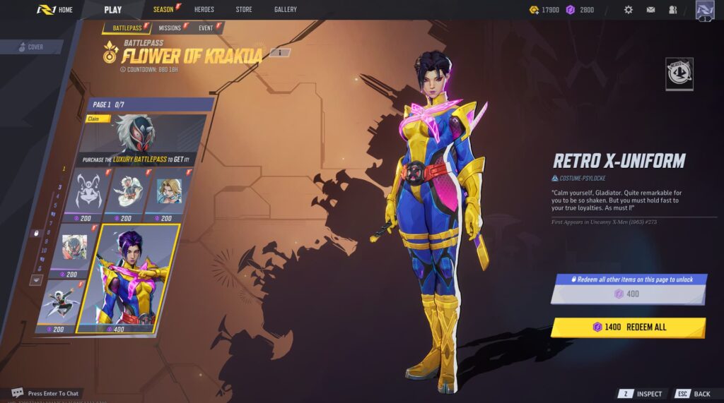 Psylocke's Retro X-Uniform (Luxury) in the Marvel Rivals Season 2 Battlepass.