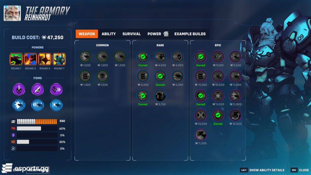 Reinhardt tank build in the Stadium game mode in Overwatch 2