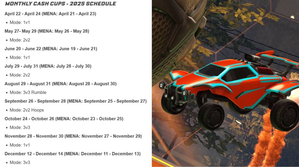 The image features the full schedule of the Rocket League Cash Cups tournaments in 2025. It also has an art picture of a Rocket League car that hits a ball in the air.