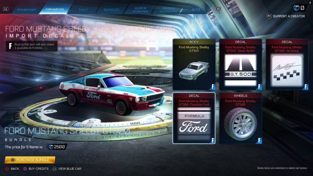The image is a screenshot from Rocket League. It shows the Ford Mustang Shelby GT500 bundle in the game shop.
