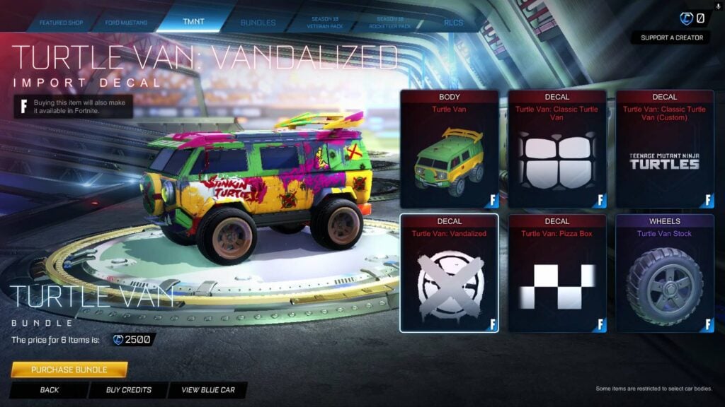 The image is a screenshot from the game Rocket League. It shows the Teenage Mutant Ninja Turtles collaboration items in the shop.