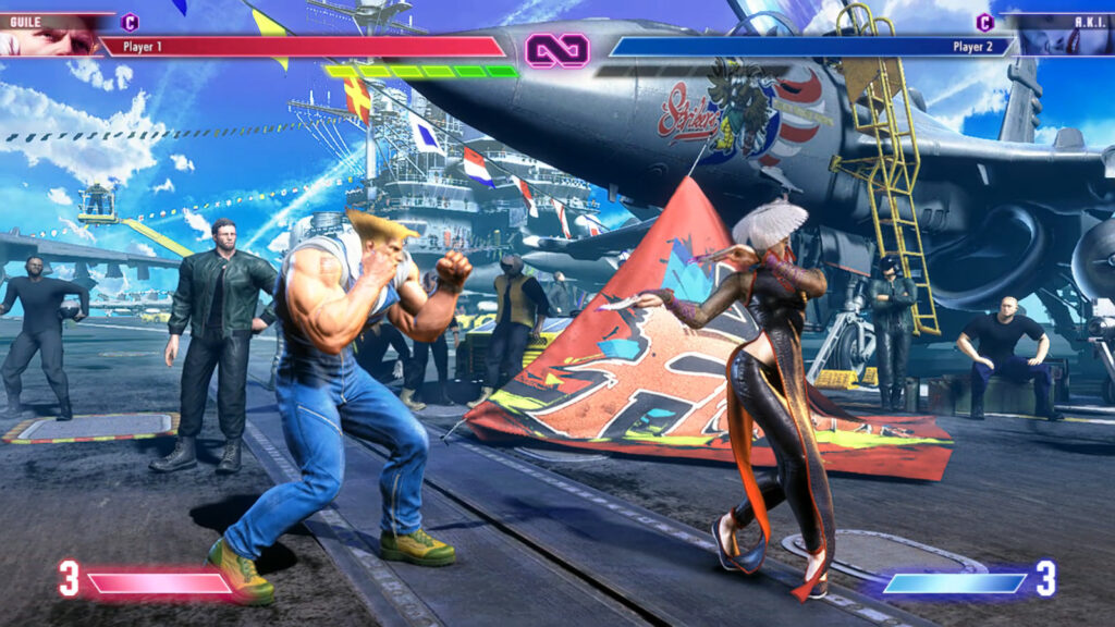 The image is an SF6 screenshot from the training mode: Guile is practicing vs A.K.I.