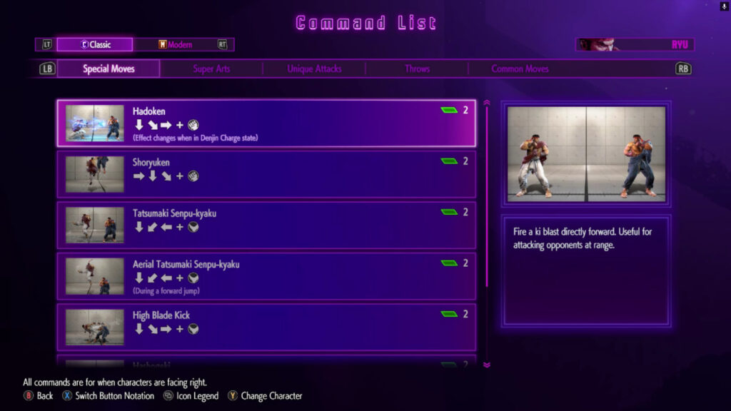 The Street Fighter 6 screenshot shows details on the Classic Controls for Ryu.