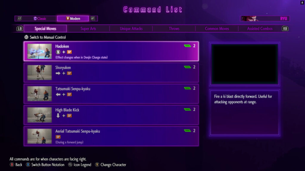 The Street Fighter 6 screenshot shows details on the Modern Controls for the character Ryu.