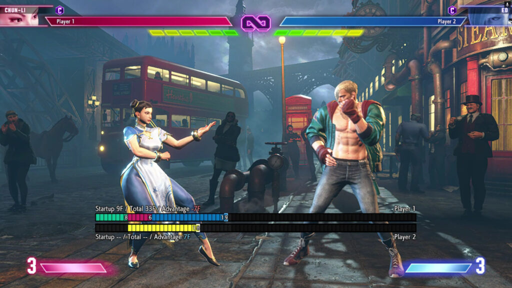 This Street Fighter 6 screenshot shows the training mode with the frame data visible.