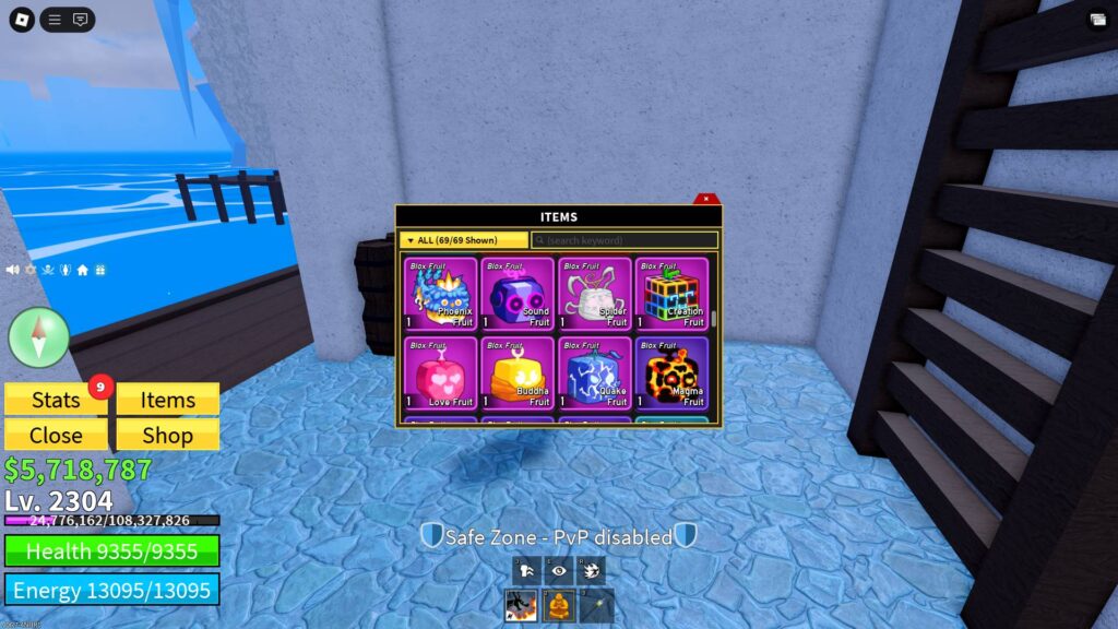 Some Blox Fruits in the items list