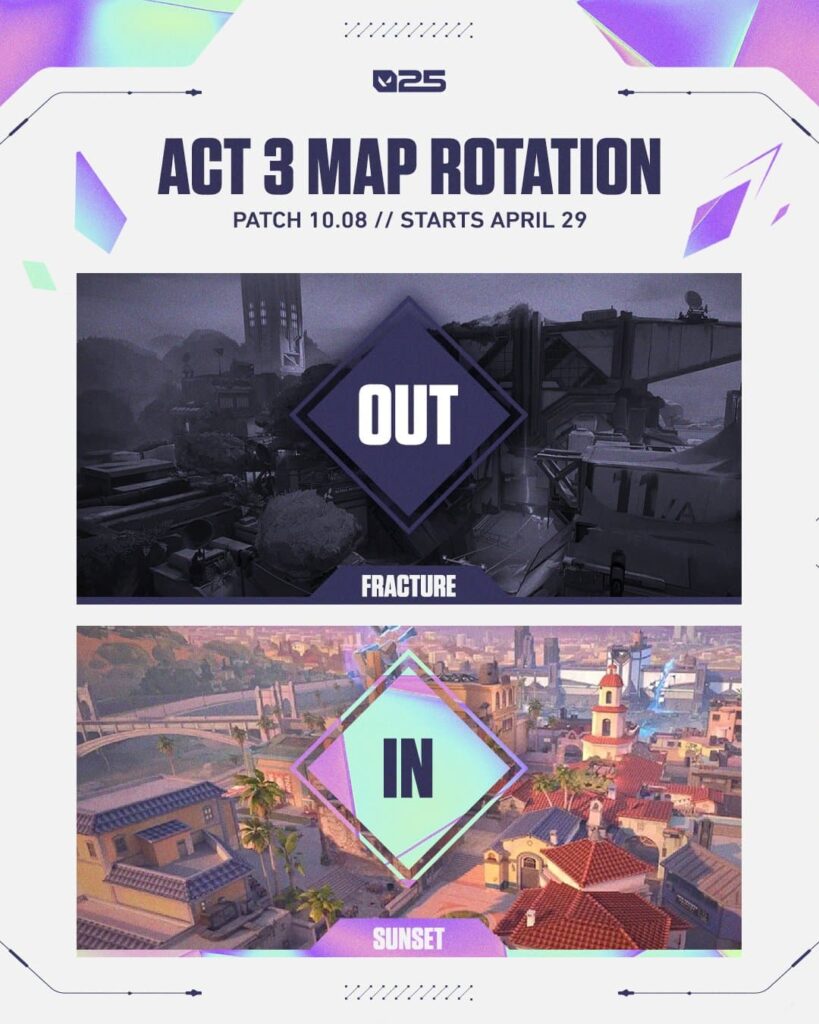 Sunset replaces Fracture after VALORANT patch 10.08 map pool change