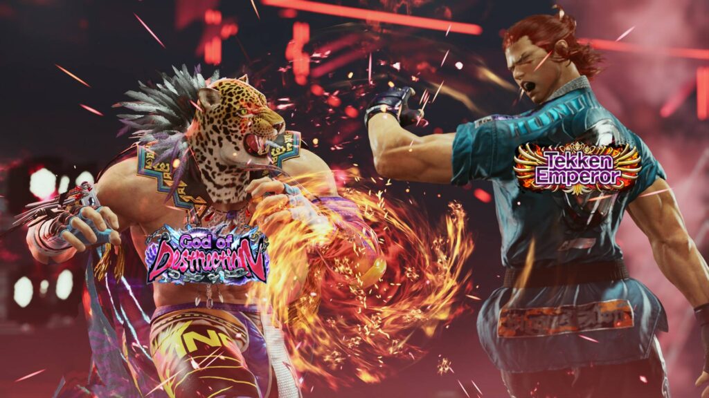 It's an image from the TEKKEN 8 photo mode: a moment of a match between King and Hwoarang — with T8 ranks icons added to the picture.