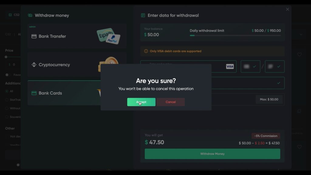 The screen to withdraw money from ShadowPay to confirm a bank card transfer.