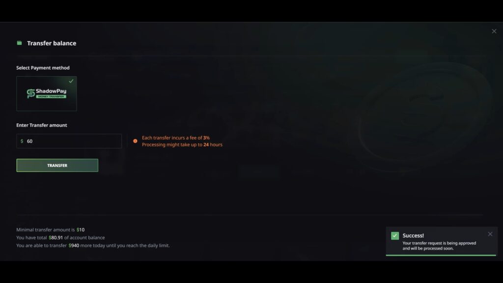 The screen to withdraw money from Hellcase to ShadowPay.