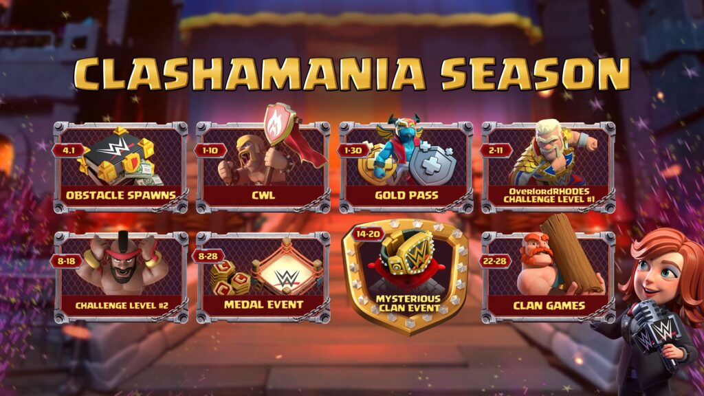 The image features the schedule of the WWE ClashaMania event in the mobile game Clash of Clans.