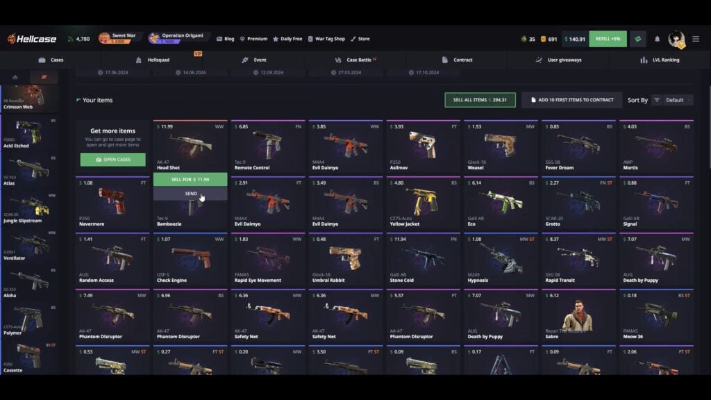 A Hellcase user selects the Send option on a skin to withdraw it to Steam for Counter-Strike 2.