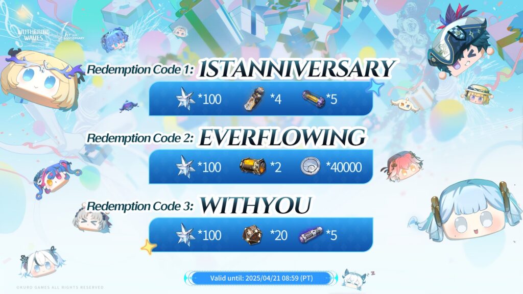 The image lists redeem codes with rewards in Wuthering Waves 2.3