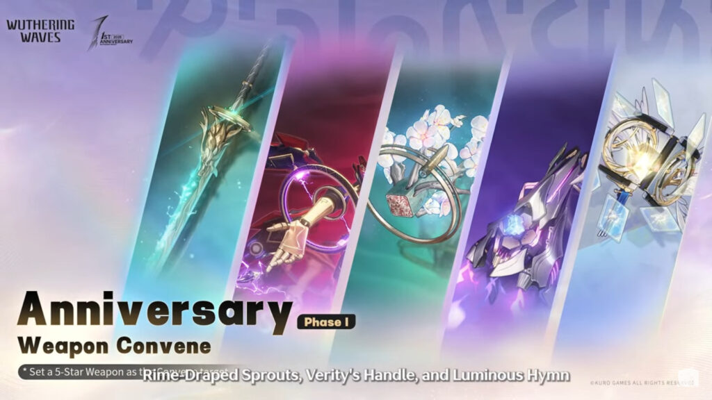 It's a poster of the Anniversary Weapon Convene Phases 1 in WuWa. It shows the weapons Verdant Summit, Stringmaster, Rime-Draped Sprouts, Verity's Handle, and Luminous Hymn.