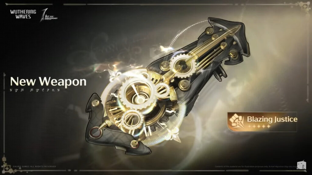 The image is a poster of a new weapon in Wuthering Waves: 5-star Gauntlets Blazing Justice.