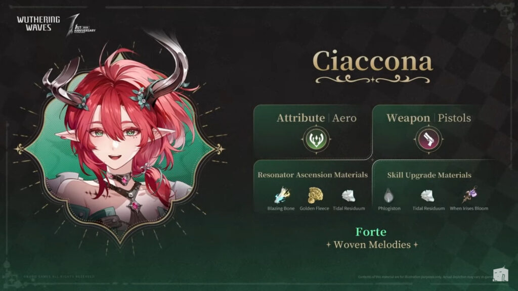 The image shows details of Ciaccona, the new character (Resonator) in the game Wuthering Waves 2.3: her materials, Element, and Weapon