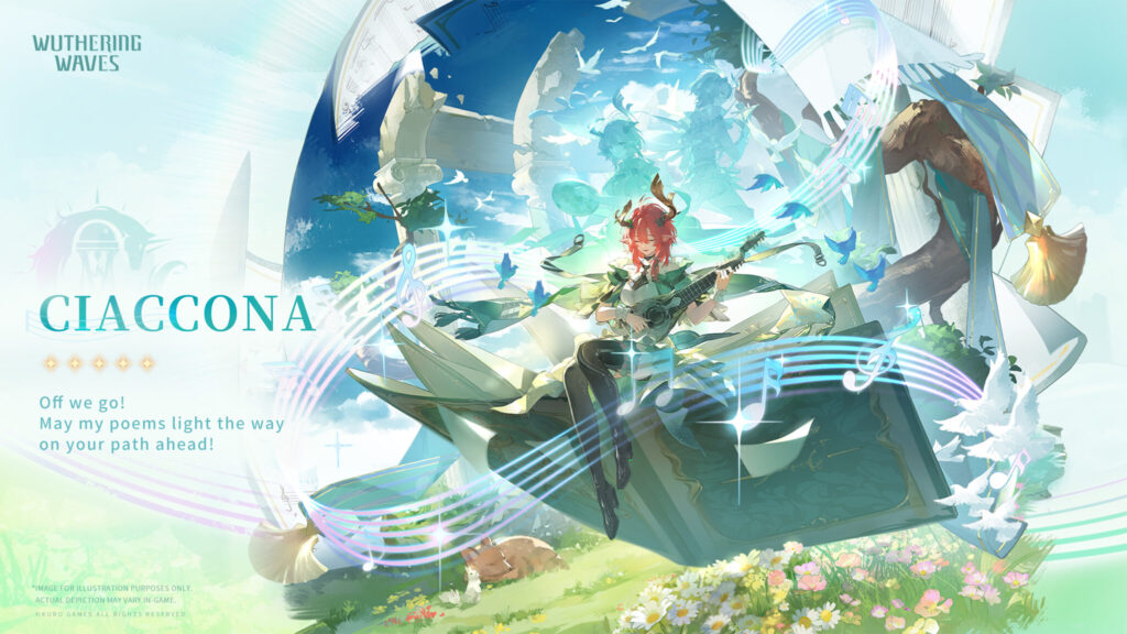 The image is an art poster for the WuWa character Ciaccona. The new Aero / Pistols 5-star Resonator is coming to Wuthering Waves 2.3.