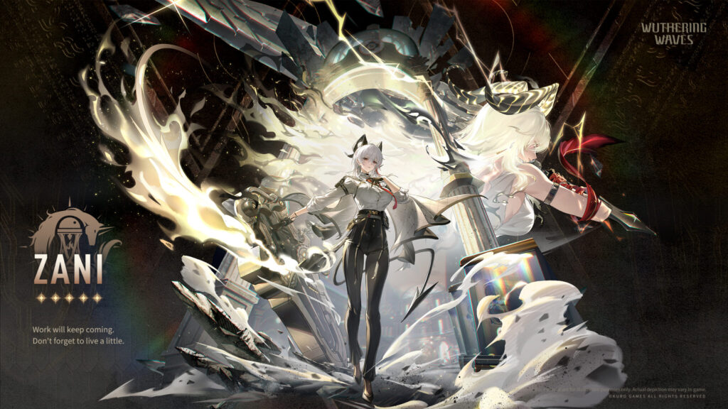 The image is an art poster for the WuWa character Zani. The new Spectro / Gauntlets 5-star Resonator is coming to Wuthering Waves 2.3.