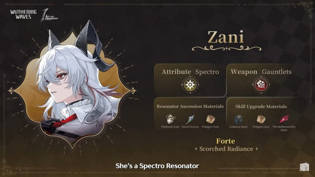 The image shows details of the new character (Resonator) in the game Wuthering Waves 2.3: Materials, Element, and Weapon of Zani.
