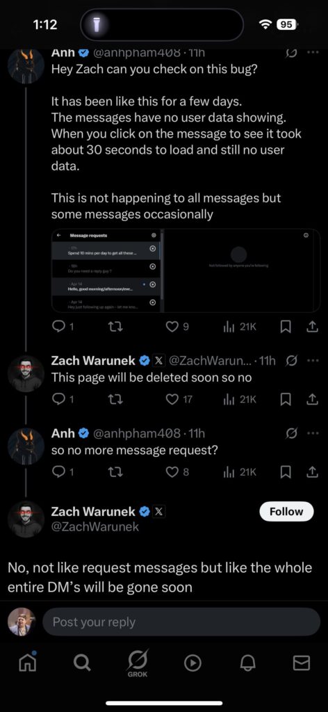 X / Twitter software engineer replies to a post saying they will remove the DM system from the platform.