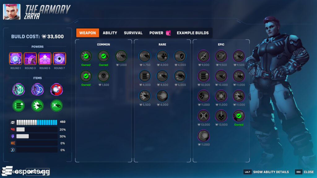 Zarya tank build in the Overwatch 2 Stadium mode