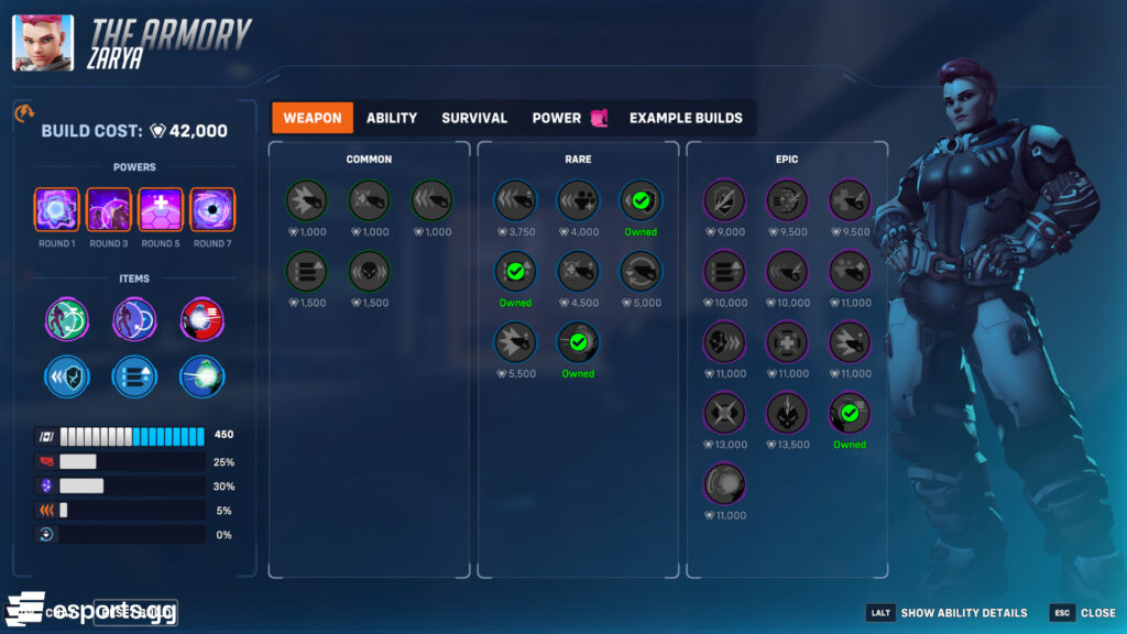 Zarya tank build in the Overwatch 2 Stadium mode