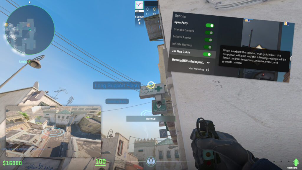 A CS2 player holds a flashbang grenade and lines up a throw on Dust 2.