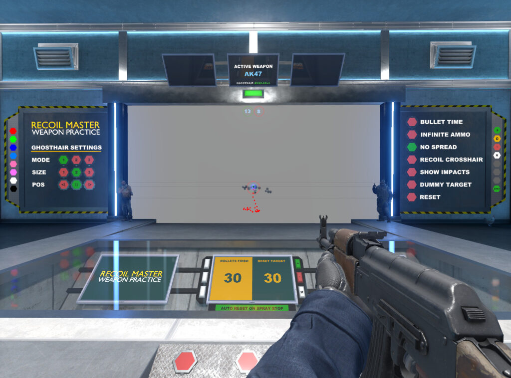 A CS2 player holds an AK at a wall on the Recoil Master map.