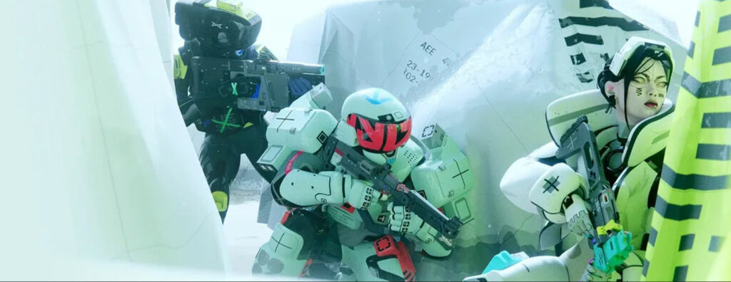 Three runners in Marathon hold weapons and prepare for a battle in the gameplay reveal trailer.