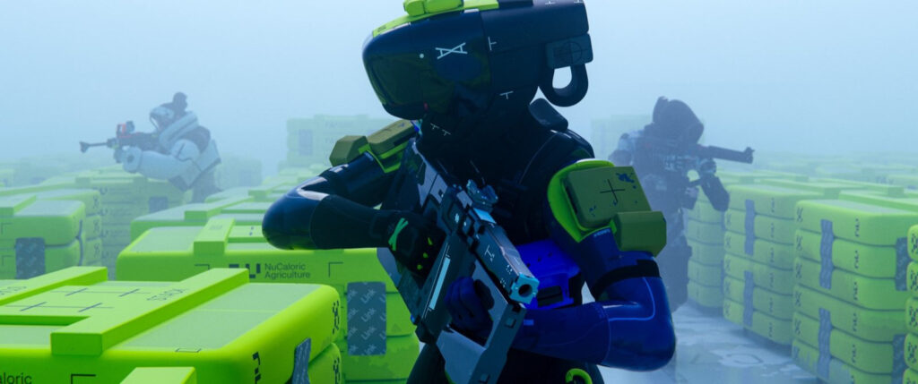 A runner with a weapon stands ready outside of a maze in Marathon.