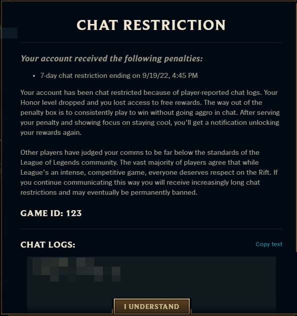 Chat restriction penalty warning