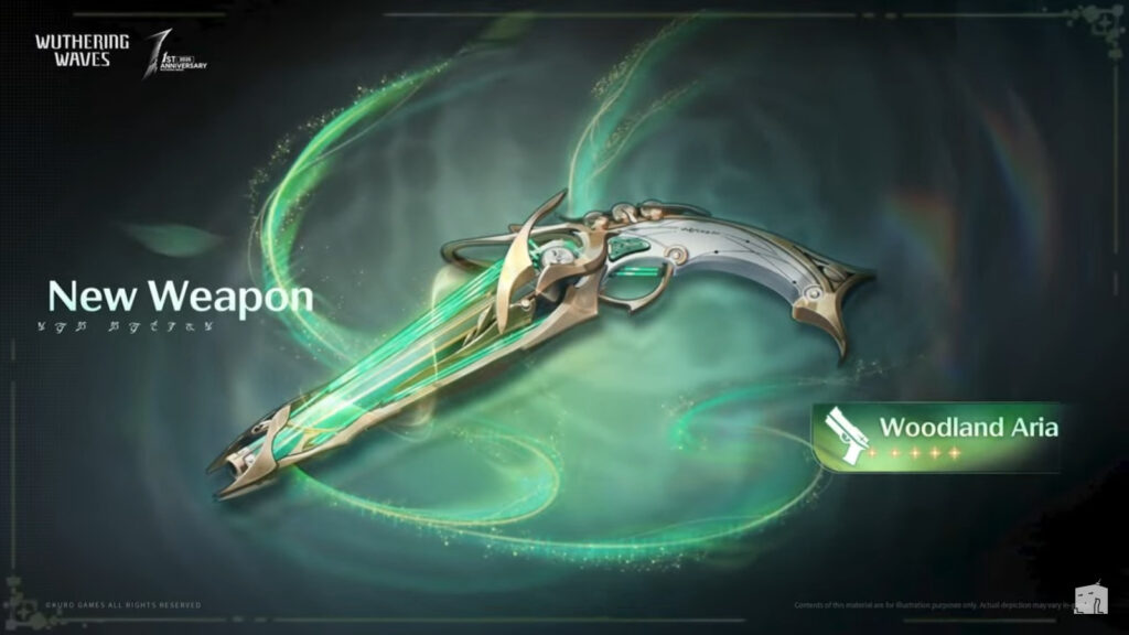 The image shows a new weapon in Wuthering Waves, game version 2.3 - it's Woodland Aria, a 5-star Pistol for Ciaccona.