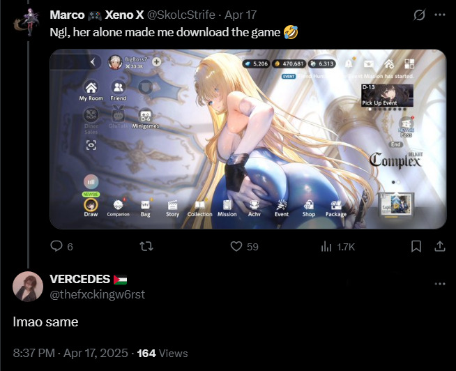 Screenshot on X about people installing Brown Dust 2 after seeing the Iron Monarch Wilhelmina trailer (Screenshot via esports.gg)