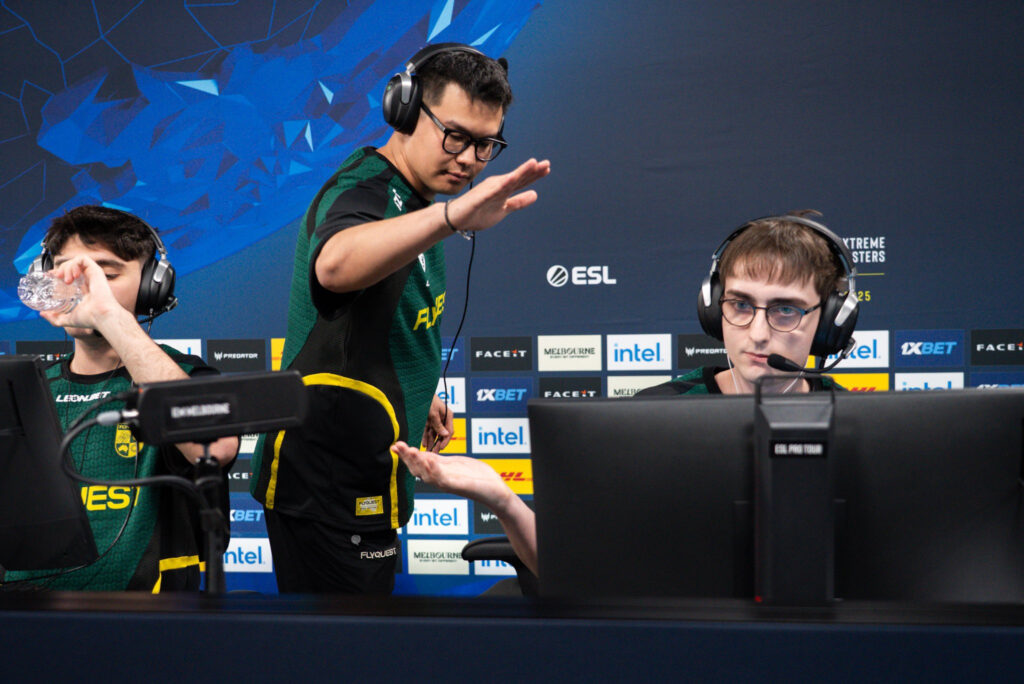 FlyQuest CS coach erkaSt celebrates a won round at IEM Melbourne.