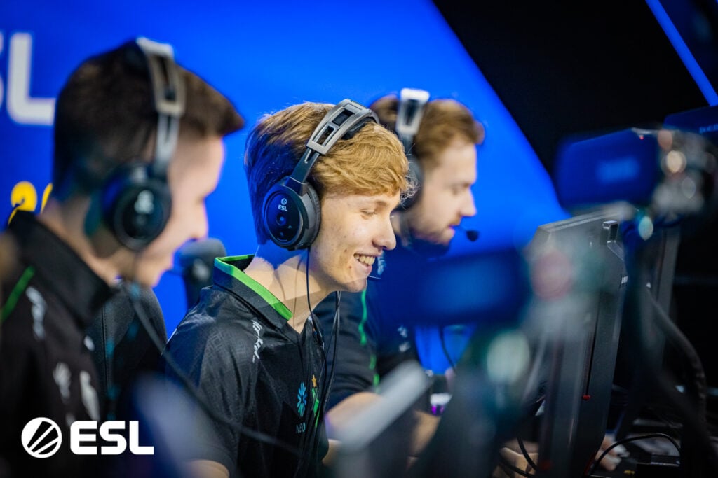 m0NESY sits with Falcons on stage at IEM Melbourne.