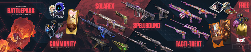 VALORANT Act 3 Battle Pass overview with three new weapon collections, cards, sprays, and more