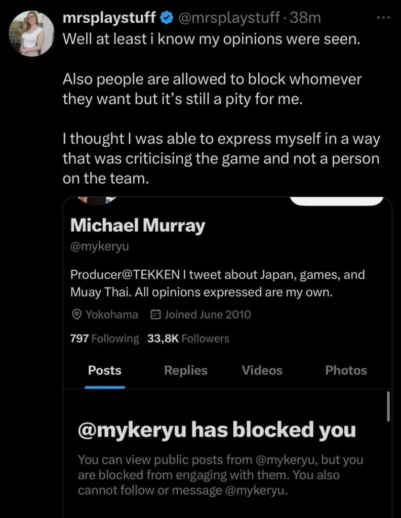 mrsplaystuff blocked by Michael Murrary, Tekken 8 Producer