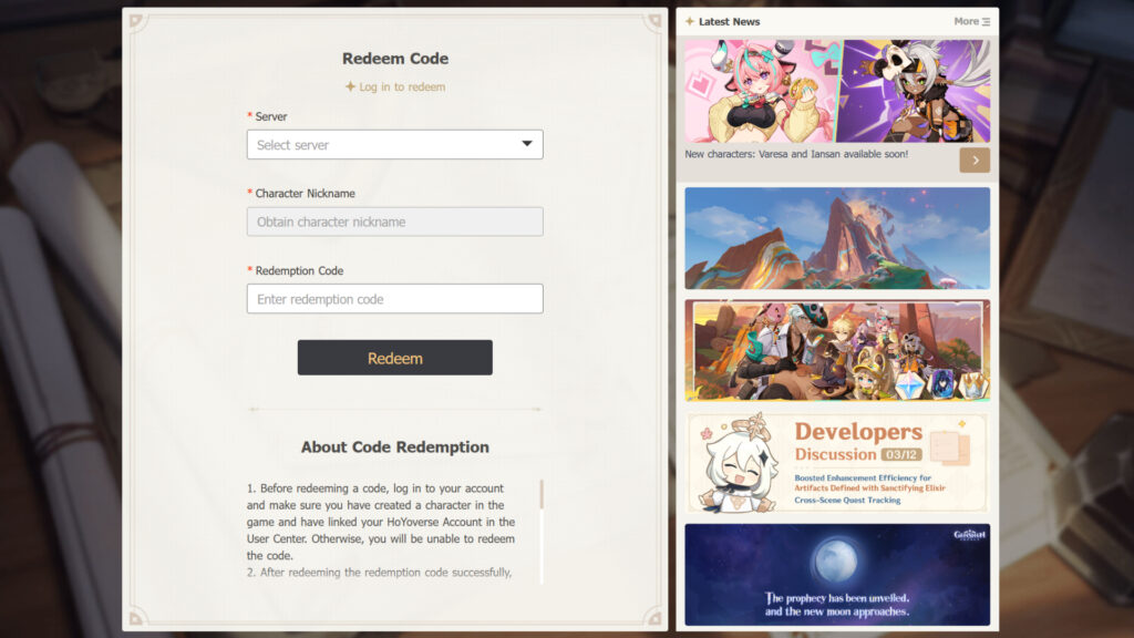 How to redeem codes in the HoYoverse official page (April 2025)
