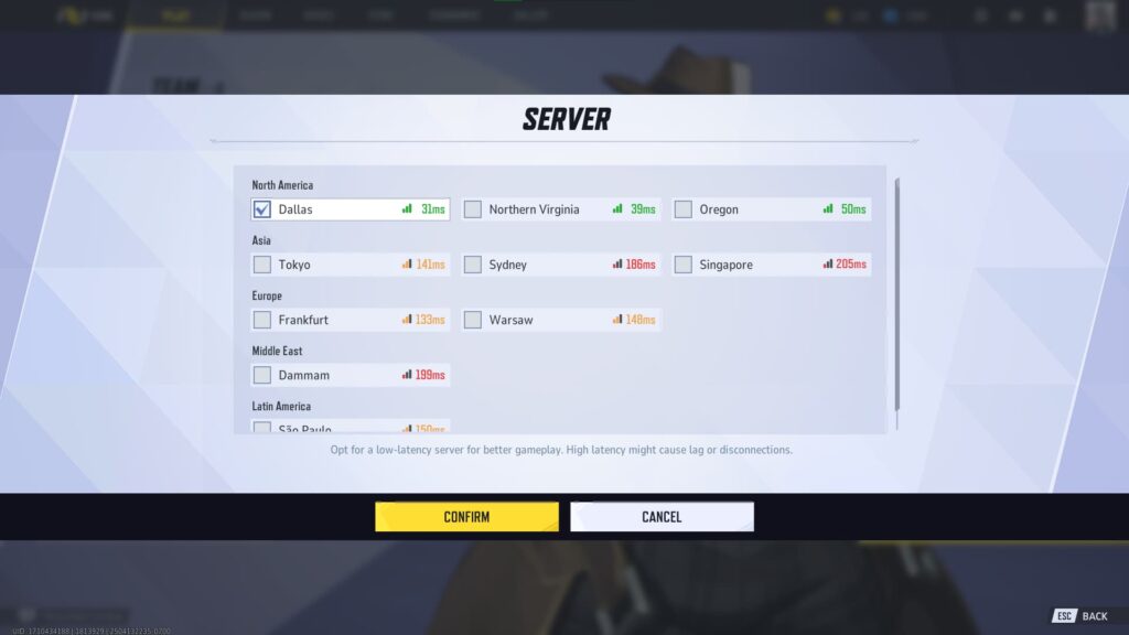 The server selection screen in Marvel Rivals with the one with the most reduce ping selected for the game.