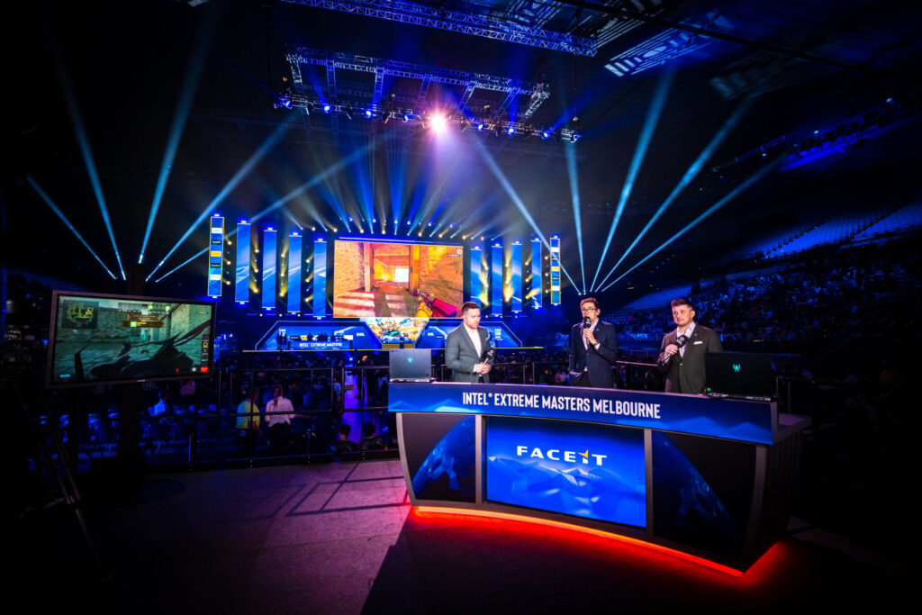 It’s a photo from the esports event IEM Melbourne 2025: the arena and commentators.