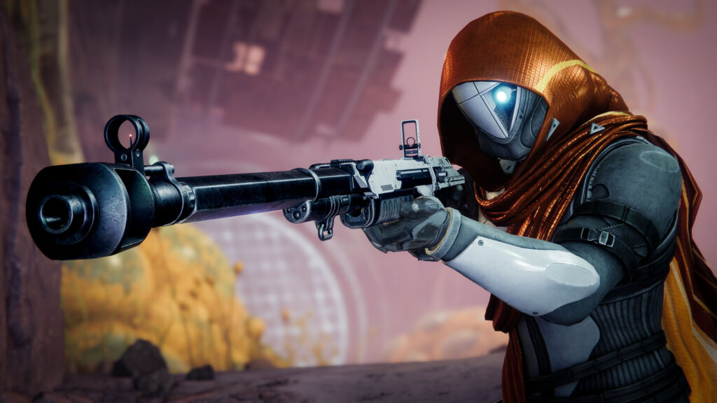 A Hunter wields the New Land Beyond sniper rifle in Destiny 2.