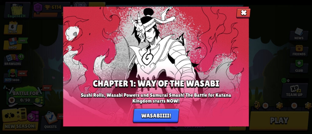 The image is a screenshot of the official notification in Brawl Stars about the start of the new season Battle for Katana Kingdom: Chapter a Way of Wasabi.