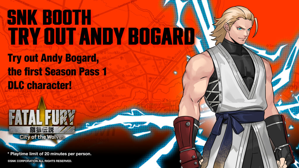 The image includes the first DLC fighter of FATAL FURY: City of the Wolves, Andy Bogard. It’s a poster for a playable demo of this fighter at the fighting games esports event Evo Japan 2025.