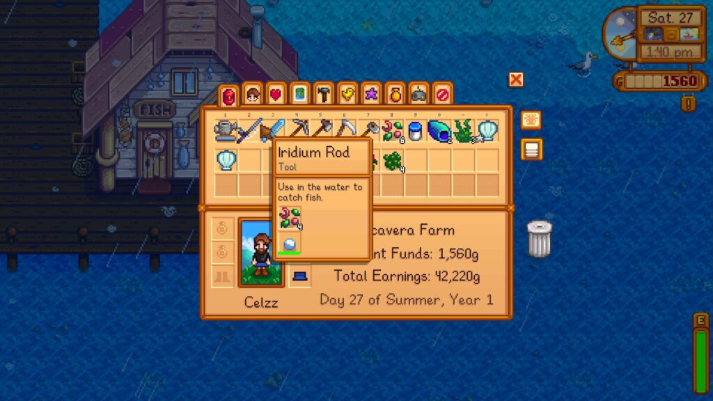 Iridium Rod containing a bait in Stardew Valley